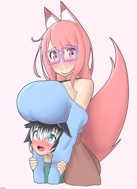1boy 1girls age_difference animal_ears bare_shoulders blush boob_hat breasts female fox_girl glasses huge_breasts hugging male pink_eyes pink_hair rikka_(xrayuri) size_difference skirt smile tail xrayuri