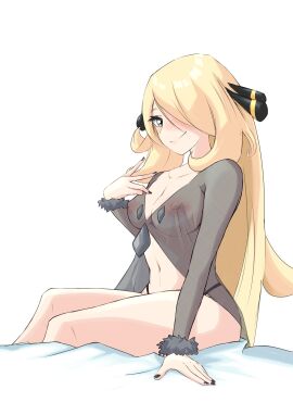 1girls absurd_res bedsheets black_panties blonde_hair blush breasts creatures_(company) cynthia_(pokemon) female game_freak grey_eyes hair_ornament hair_over_one_eye hi_res long_hair looking_at_viewer medium_breasts navel nintendo nipples painted_nails panties pet_of_lilith pokemon pokemon_champion pokemon_dppt see-through see-through_clothing simple_background sitting smile solo variant_set very_long_hair white_background