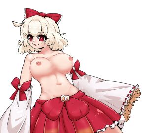 1girls :3 breasts breasts_out female female_focus female_only hair_ornament half-dressed light_skin looking_at_viewer mimi_(henemimi) original pink_nipples red_eyes white_background white_hair yuri_channel