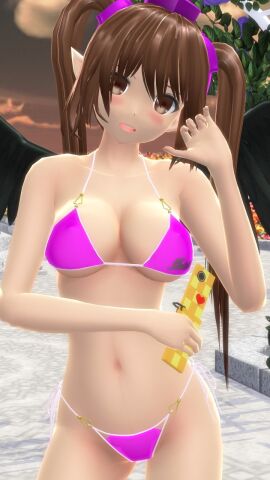 1girls 2023 3d afternoon belly_button bikini blush breasts brown-haired_female brown_eyes cellphone cleavage clouds female garden hairband hand_on_head hat hatate_himekaidou hati_yukkuri_mmd headwear hips holding_phone jpeg light-skinned_female light_skin looking_at_viewer mmd one_arm_up open_mouth outdoors pink_bikini pointy_ears solo_female solo_focus sunset swimsuit tengu tied_hair tokin_hat touhou twintails_(hairstyle) waist wings youkai