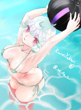 armpits arms_up beach_ball bikini breasts female female_only high-angle_view kuroiyukari looking_at_viewer made_in_abyss medium_breasts nipple_bulge partially_submerged prushka red_eyes short_hair solo two-tone_hair white_hair