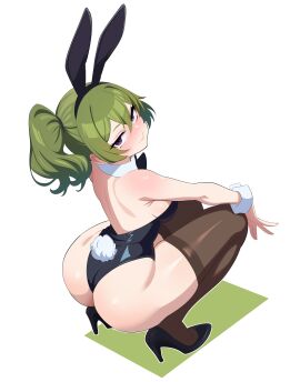 1girls absurdres alternate_costume animal_ears ass black_footwear black_leotard black_thighhighs blush breasts closed_mouth commentary fake_animal_ears female from_above full_body green_hair hair_between_eyes high_heels highres leotard long_hair looking_at_viewer looking_up maidcousin medium_breasts ponytail purple_eyes rabbit_ears rabbit_tail sideboob sidelocks simple_background smile solo sousou_no_frieren tail thighhighs thighs ubel_(sousou_no_frieren) white_background
