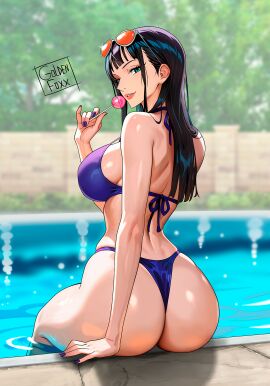 1girls ass big_ass big_breasts bikini bikini_bottom bikini_top black-haired_female black_hair blue_bikini blue_nail_polish blue_nails bottomwear breasts female female_only goldenfoxx green_eyes hair headwear holding_object lollipop long_hair looking_back nail_polish nails nico_robin one_piece pool poolside post-timeskip smile solo solo_female sunglasses sunglasses_on_head swimwear topwear water