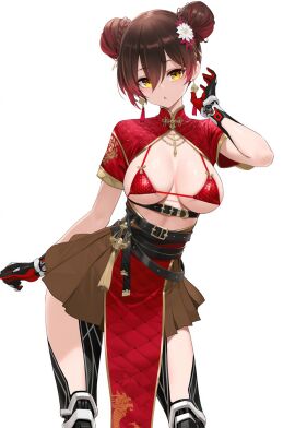 bangs belt bikini bikini_top black_gloves blush breasts brown_hair double_bun earrings female flower gloves hair_between_eyes holding hololive jewelry large_breasts looking_at_viewer red_bikini red_dress red_skirt roboco-san short_sleeves skirt solo standing striped swimsuit underboob virtual_youtuber white_background yellow_eyes