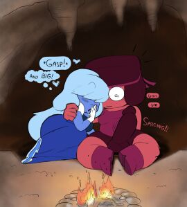 1futa 2girls afro blue_dress blue_hair blue_skin boots bulge_in_pants bulge_through_clothing campfire cartoon_network cave cuddling cyan_hair erect_penis erection erection_under_clothes female futanari gem_(species) hair_over_eyes hand_on_shoulder headband headwear holding holding_each_other intersex long_hair oogabutt penis penis_expansion penis_growth red_body red_skin ruby_(steven_universe) sapphire_(steven_universe) shocked smile smiling stalactite steven_universe surprise surprised surprised_expression white_gloves wholesome wide_eyed