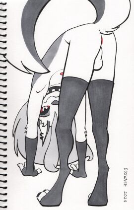 2024 all_fours anthro anus armwear balls bent_over big_tail canid canid_demon canine claws clothing collar demon digitigrade dogwash ear_piercing ear_ring femboy ftm_crossgender genderswap genderswap_(ftm) genitals hellhound helluva_boss hi_res legwear looking_at_viewer loona_(helluva_boss) male male_anthro male_loona mammal marker mythological_canine mythological_creature mythology nipples perineum piercing red_sclera ring_piercing rule_63 solo spiked_collar spikes stockings tail toe_claws traditional_media_(artwork)