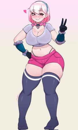 1girls big_breasts breasts cleavage female fortnite fortnite:_battle_royale g-string gloves heart joshopaisen lexa_(fortnite) light-skinned_female light_skin no_shoes og_lexa_(fortnite) peace_sign short_hair shorts thick_thighs thighhighs thighs wide_hips