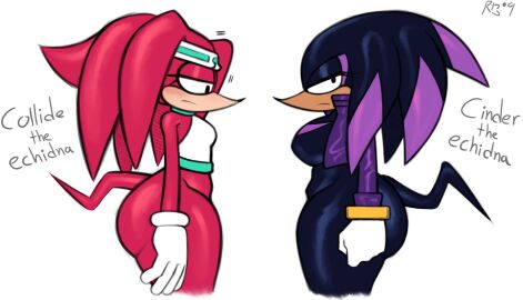 2girls 88 ass big_ass bustier dark-skinned_female dark_skin echidna embarrassed female furries headband headgear headwear jacket light-skinned_female light_skin looking_at_viewer looking_down mobian_(species) no_humans original_character red_skin snesti sonic_(series) tagme white_background