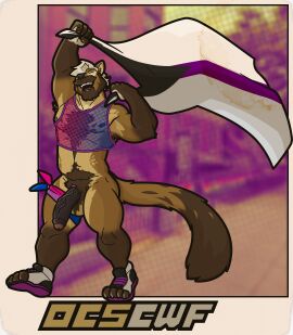 absurd_res accessory anthro armpit_hair big_penis bisexual_pride_colors blonde_hair blurred_background body_hair border closed_eyes clothed clothing cock_ring demisexual_pride_colors facial_hair fishnet_clothing fishnet_topwear flag flag_(object) footwear foreskin fur genitals gulonine hair hi_res jewelry kerchief lgbt_pride lgbt_pride_month male mammal marten muscular muscular_anthro muscular_male mustelid musteline orange_border outcast-stars partially_clothed paw_shoes penis penis_accessory penis_jewelry pine_marten pride_colors pride_parade smile solo tail topwear vein veiny_penis weyland_here