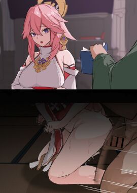 1boy 1girls 2d female femsub genshin_impact human human_dominating human_dominating_humanoid humanoid male maledom mashicono sex tagme yae_miko