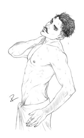 1boy abs artist_signature bara beauty_mark biceps black_and_white black_hair colorless dark_hair dorian_pavus dragon_age dragon_age_inquisition ear_piercing earrings essprit facial_hair gay_male hairy_arms mage male male_only male_pubic_hair mole monochrome moustache muscles muscular muscular_male nails_painted nipples painted_nails pecs piercing pubic_hair ring shirtless shirtless_male solo solo_male standing standing_position towel towel_around_waist video_games wet wet_body yaoi