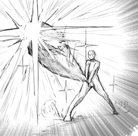 1boy arinu bald completely_nude erection fighting_stance gigantic_penis greyscale male male_focus male_only monochrome nude original penis solo sparkle spread_legs standing sunrise_stance veins veiny_penis