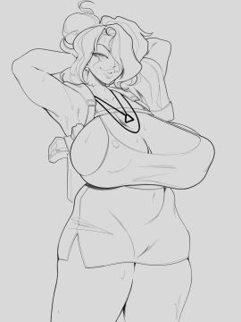 big_breasts black_and_white breasts bunkwizard cyberpunk_2077 female gun gun_holster huge_breasts lips necklace no_artist_signature sweating vlora_"corpocunt"