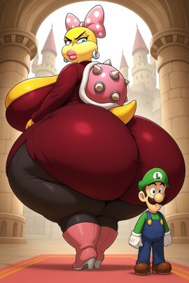1boy 1girls ai_generated anthro ass ass_bigger_than_head big_ass big_breasts blue_eyes blue_overalls boots bow bow_on_head clothing dat_ass dumptruck_ass duo earrings enormous_ass ero-sennin ero-sennin2024 fat_ass female furry furry_female gigantic_ass gigantic_breasts gloves green_hat green_shirt hat huge_ass huge_breasts humanoid humanoid_male indoors koopa koopaling large_ass large_breasts lips lipstick looking_at_another looking_down looking_down_at_another luigi male male/female mammal mario_(series) massive_ass massive_breasts mature mature_female mature_male nintendo pink_boots pink_bow pink_lipstick reptile scalie shell shirt shorter_male size_difference smaller_male spiked_shell spikes spikes_(anatomy) tail taller_female thick_ass wendy_o._koopa yellow_skin