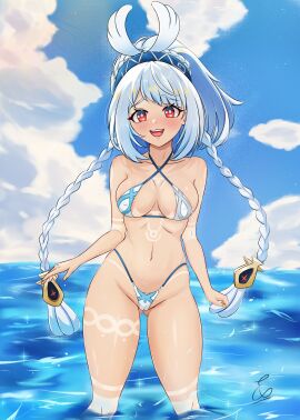 2024 2d 2d_(artwork) artist_request bikini bikini_bottom bikini_top blue_hair bra braided_hair clouds day female female_only front_view genshin_impact high_resolution highres hoyoverse light-skinned_female light_skin long_hair mihoyo mualani_(genshin_impact) ocean outdoors red_eyes revealing_swimsuit sky slim_female smiling smiling_at_viewer standing standing_in_water summer swimsuit thong thong_bikini two_piece_swimsuit water young younger_female