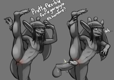 absurd_res anthro bodily_fluids breasts clothing deadlock digital_media_(artwork) disembodied_penis duo english_text erection female female_focus flexible gargoyle genitals hat headgear headwear hi_res hoodwinkhuffer horn humanoid imminent_sex ivy_(deadlock) male male/female multiple_images no_breasts nude open_mouth penis pussy shocked smile splits spread_legs spreading standing tail text valve wings yoga