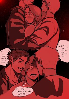 3girls blush butch carrying_partner clothed clothes clothing dreamcastomatic english_text female female_only flirting holding humping jacket larger_female muscular muscular_female original original_character shorter_female smaller_female speech_bubble squeezing sweat sweatdrop taller_female thought_bubble threesome yuri