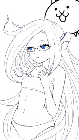 1girls arm_up artist_request belly blue_eyes bra cat_(battle_cats) coppermine_(battle_cats) digital_media_(artwork) earpiece extremely_long_hair feline female flat_chest galaxy_gals glasses human light_skin long_hair looking_away nyanko_daisensou panties teenager the_battle_cats underwear