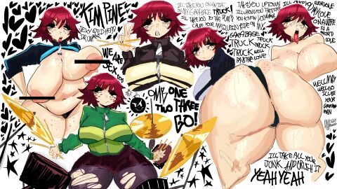 1girls ass ass_freckles breasts dialogue drumstick_(musical) female freckles freckles_on_ass frown huge_ass kim_pine large_breasts looking_back open_mouth presenting_ass presenting_hindquarters red_hair scott_pilgrim text thick_thighs tongue tongue_out xd64100