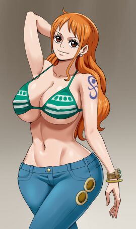 1girls 2d arm_tattoo arm_up bare_shoulders big_breasts bikini bikini_top blue_tattoo bracelet breasts cleavage clothing curvy curvy_female ear_piercing female female_only hand_behind_head jeans light-skinned_female light_skin log_pose long_hair nami_(one_piece) nipple_bulge one_piece orange-haired_female orange_hair pinkpawg simple_background smile solo solo_female standing tagme tattoo tattoo_on_arm tattooed_arm