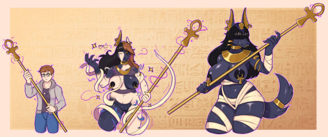 admiralbushed anthro anubian_jackal big_breasts black_body black_fur black_hair body_growth body_growth_(enlargement) breast_expansion breast_growth breast_growth_(enlargement) breasts canid canine canis clothed clothing colored ear_piercing expansion female fur gender_transformation genitals growth hair hair_growth hair_over_eye hair_over_eyes hi_res human human_to_anthro jackal lips long_hair male mammal mtf_transformation nipple_piercing nipples nude orange_hair piercing pussy sequence size_transformation solo species_transformation staff tail tail_growth thick_thighs thigh_expansion transformation yellow_lips