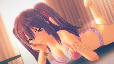 1girls amasawa_ichika ass barefoot blush bra breasts brown_eyes brown_hair classroom_of_the_elite cleavage curtains female hair_ribbon indoors koikatsu lace lace_trim lingerie long_hair looking_at_viewer lying medium_breasts nail_polish notpistol on_stomach panties pink_bra pink_panties ribbon smile solo the_pose twintails two_side_up underwear underwear_only youkoso_jitsuryoku_shijou_shugi_no_kyoushitsu_e