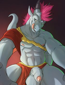 anthro balls bodily_fluids bottomwear clothed clothing dragon first_person_view foreskin genital_fluids genitals hi_res horn loincloth male mohawk muscular mythological_creature mythological_scalie mythology oriont penis precum rangstrom scalie solo uncircumcised