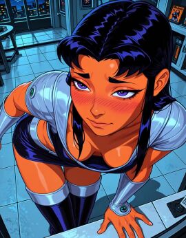 ai_generated arm_support armband armlet bangs bare_shoulders bed biting_lip black_clothes black_hair black_legwear black_thighhighs blackfire blue_thighhighs blush boots bracer breasts chair cleavage clothing couch covered_collarbone crop_top crossed_legs curtains dark-skinned_female dark_skin dc dc_comics detached_sleeves earrings elbow_gloves eyebrows eyelashes female female_only footwear furniture gloves half-closed_eyes hand_on_own_face high_heel_boots high_heels indoors jewelry jousneystudio large_breasts legwear lips lipstick long_hair makeup medium_breasts midriff miniskirt navel nose_blush older on_bed orange_skin parted_lips pillow plant shiny_skin shirt shoes shorts sitting skirt sleeveless sleeveless_shirt small_breasts smile solo spread_legs stomach sweat tagme taut_clothes teen_titans teeth thick_thighs thigh_boots thighhighs thighs trembling underwear video window young_adult young_adult_female young_adult_woman