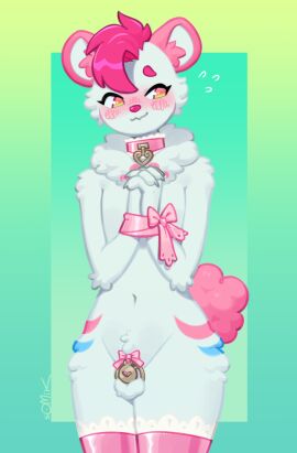 2024 anthro balls bear biped black_nose blush blush_lines blushing_profusely bondage bound chastity_cage chastity_device claws clothing collar eyebrows femboy flat_chastity_cage fluffy fluffy_tail genitals gold_(metal) gold_chastity_cage gold_chastity_device gradient_background hair hands_tied heart_symbol inner_ear_fluff legwear looking_aside male mammal neck_tuft nude pink_hair ribbon_bondage ribbons round_ears short_hair short_tail simple_background solo somik standing stockings tail thigh_highs tuft white_body