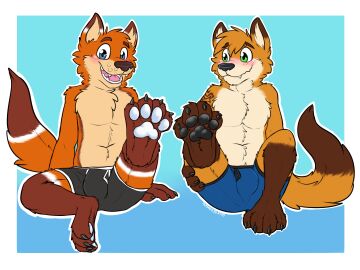 4:3 anthro biped black_clothing black_nose black_pawpads black_seam_underwear black_underwear blue_clothing blue_eyes blue_pawpads blue_underwear blush brown_body brown_ears brown_fur brown_tail bulge canid canine claws clothing colored_seam_underwear detailed_bulge dipstick_ears dipstick_tail duo feet foot_focus fox fur gaokun green_eyes hair hi_res looking_aside looking_at_viewer male mammal markings monotone_ears monotone_hair multicolored_body multicolored_ears multicolored_fur multitoned_fur nervous open_mouth orange_body orange_ears orange_fur orange_hair orange_tail pawpads tail tail_markings toe_claws two-tone_body two-tone_ears two-tone_fur underwear white_body white_ears white_fur white_seam_underwear white_tail