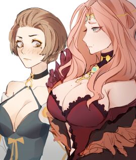 2girls bare_shoulders big_breasts black_choker blush breast_envy breasts brown_hair choker cleavage commission cornelia_arnim english_commentary female female_only fire_emblem fire_emblem:_three_houses girl_staring_at_girl's_chest girl_staring_at_guy's_chest highres large_breasts long_hair manuela_casagranda meme multiple_females multiple_girls nintendo noenqw pink_hair short_hair sidelocks simple_background white_background