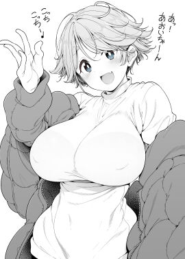 aged_up blue_eyes bra_visible_through_clothes breasts chinese_text curvy curvy_figure female greyscale hi_res high_resolution highres huge_breasts impossible_clothes inuyama_akari large_breasts long_sleeves looking_at_viewer monochrome nipple_bulge open_mouth shirokuma_(nankyoku) short_hair simplified_chinese_text smile solo sweater thick_eyebrows voluptuous white_background yurucamp