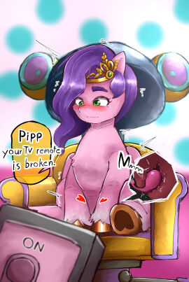 2020s 2024 blush button chair chinmissouri closed_mouth crown english_text eyebrows female female_focus female_only fur green_eyes hair_salon hasbro heart hi_res hooves horse inside_view jpeg mlp_g5 my_little_pony netflix offscreen_character offscreen_character_speaking open_eyes pink_fur pipp_petals_(mlp) pony pov purple_hair pussy remote_control remote_control_vibrator salon sex_toy sitting sitting_on_chair solo_focus startled surprised text tiara vibrating vibrator vibrator_in_pussy wireless_vibrator
