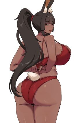 ass back_view big_ass big_breasts breasts choco_(wozzu1) curvy dark-skinned_female dark_skin female huge_ass huge_breasts lingerie long_hair looking_at_viewer looking_back rabbit_ears rabbit_girl solo thick_thighs wozzu1