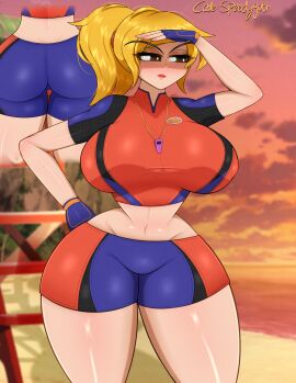 ass ass_bigger_than_head ass_focus beach beach_background big_breasts blonde_female blonde_hair breasts breasts_bigger_than_head brown_eyes epic_games female fingerless_gloves fortnite fortnite:_battle_royale gloves gothtrishy hand_on_hip headhunter_(fortnite)_(model) lifeguard lipstick looking_away multiple_views red_lipstick shiny_breasts shiny_clothes shiny_hair shiny_skin small_waist thick thick_ass thick_thighs tide_strider_(fortnite) tight_clothing tight_fit