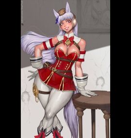 1girls animal_ears breasts crossed_legs female gold_ship_(umamusume) horse_girl indoors large_breasts legs_crossed long_hair looking_at_viewer pink_eyes randystarfru1t red_eyes smile socks solo solo_female standing thick_thighs umamusume umamusume_pretty_derby white_hair