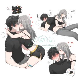 1boy animal_ears black_fur black_hair black_shirt black_shorts bulge cat_ears censored closed_eyes critter_pick_(honkai:_star_rail) crop_top dan_heng_(honkai:_star_rail) feline female french_kiss grey_hair grey_pants highres honkai:_star_rail honkai_(series) kissing kyoki_(bakat) licking long_hair lying male male_masturbation masturbation multiple_views pants shirt short_hair shorts stelle_(honkai:_star_rail) tongue tongue_out trailblazer_(honkai:_star_rail)