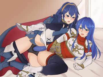 2girls ancestor_and_descendant armor ass_visible_through_thighs bare_thighs bed bellfonts blue_eyes blue_hair blush boots breasts caeda_(fire_emblem) cape clothed_sex female female_only fire_emblem fire_emblem:_mystery_of_the_emblem fire_emblem:_shadow_dragon_and_the_blade_of_light fire_emblem_awakening incest indoors large_breasts leg_grab leg_up long_hair lucina_(fire_emblem) multiple_females multiple_girls nintendo on_bed on_side open_mouth panties panties_around_leg pants pants_down pussy sex sex_toy spread_legs strap-on strapon symbol-shaped_pupils thighhighs thighs tiara underwear vaginal_penetration white_panties yuri