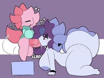 1boy 1girls anthro anthro_on_anthro ass axii_(sleepysous) axolotl aya_(vonjungle) balls breasts bubble_ass bubble_butt female huge large_areolae large_balls large_breasts male on_hands_and_knees oral_sex penis saliva_on_penis sleepysous small_but_hung small_dom_big_sub tagme tail thompson-vonjung vonjungle