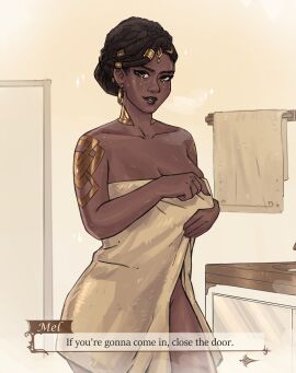 1girls 2d arcane big_breasts black_hair braided_hair breasts dark-skinned_female dark_skin earrings female female_only jewelry league_of_legends mel_medarda solo suggestive_look tagme towel visual_novel_interface viviancore