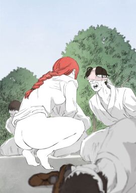 4boys absurdres ass bare_legs barefoot bottomless braid braided_ponytail chainsaw_man corpse covered_eyes dougi facing_another feet female highres japanese_clothes kimono long_hair makima_(chainsaw_man) male multiple_boys multiple_males object_on_head open_mouth outdoors panties panties_on_head pink_panties red_hair scene_reference seiza senaka_look shirt sitting squatting sweat tiptoes underwear white_blindfold white_shirt