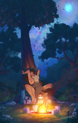 1boy 1girls against_tree armpits big_breasts breasts brown_hair campfire centaur centaur_on_female centaur_on_human centaur_on_humanoid closed_eyes commentary completely_nude cum cum_overflow dark-skinned_female dark_nipples dark_skin detailed_background english_commentary fantasy female forest full_moon giant giantess highres interspecies large_breasts long_hair m_legs male moon nature night nipples nude open_mouth orcbarbies original outdoor_sex outdoors pussy sex size_difference tail taur thick_eyebrows toe_scrunch toes tree twitter_username uncensored vaginal_penetration