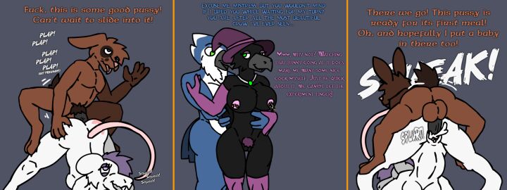 age_difference anthro ass ass_up avian balls big_balls big_breasts bird blue_jay bodily_fluids breasts corvid corvus_(genus) crow cum cum_inside dialogue female from_behind_position genital_fluids genitals group hi_res imminent_vore jack-o'_pose jay_(bird) kakroon lagomorph leporid magic magic_user male male/female mammal murid murine musclegut muscular new_world_jay older_male oscine passerine piercing pose rabbit rat rear_admiral_position rodent sex witch younger_female