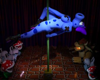 1girls 3d 3d_(artwork) 8boys ?_block anthro birdo block blue_gloves blue_skin bow bow_on_head bowser breasts claws dinosaur dry_bones female high_heels horns indoors isreth koopa looking_at_another male mario_(series) multiple_boys multiple_males nintendo nipples_covered nude nude_female open_mouth piranha_plant plant pole pole_dancing red_eyes red_hair reptile scalie sharp_teeth stripper stripper_pole voluptuous voluptuous_female