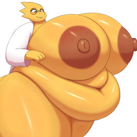 1:1 2025 4_fingers absurd_res alphys anthro belly big_belly big_breasts big_nipples blush breasts breasts_bigger_than_head brown_nipples clothed clothing coat deep_navel eyebrows eyewear fat female fingers glasses hi_res hidenafox huge_belly huge_breasts hyper hyper_belly hyper_breasts labcoat lizard navel nipples non-mammal_nipples obese obese_anthro obese_female overweight overweight_anthro overweight_female reptile scalie shaded simple_background solo standing tail topwear undertale undertale_(series) white_background