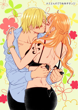 1boy 1girls arm_tattoo assisted_exposure black_bra black_tattoo blonde-haired_male blonde_hair blush bra bracelet facial_hair female goatee hair_over_one_eye iga_guri kissing long_hair male nami_(one_piece) one_piece open_shirt orange-haired_female orange_hair post-timeskip shoulder_tattoo tattoo undressing undressing_another unhooked_bra unhooking_bra vinsmoke_sanji wholesome