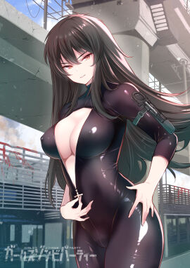 1girls big_breasts black_hair breasts brown_eyes busty cleavage covered_nipples female female_only first_porn_of_character first_porn_of_franchise girls_zombie_party hand_on_hip highres kojima_takeshi large_breasts legs long_hair looking_at_viewer mitsurugi_saya no_bra parted_lips pose posing seductive seductive_look seductive_smile sensual smile solo teasing thighs unzipped unzipped_bodysuit very_long_hair voluptuous