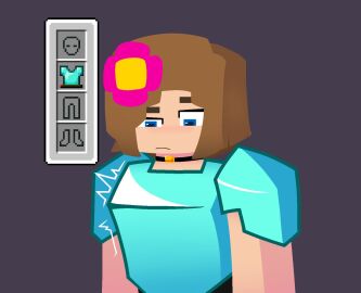 armor black_background blue_eyes breasts brown_hair closed_mouth clothed clothed_female female female_only flower flower_in_hair human human_only jenny_belle_(slipperyt) light-skinned_female light_skin looking_at_breasts looking_down minecraft short_hair solo solo_female tagme