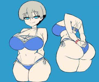 1girls arms_behind_back ass ass_focus badjujuarts big_ass big_breasts bikini blue_eyes breasts female female_focus female_only flesh_fang from_behind grey_hair huge_ass huge_breasts looking_at_viewer short_hair smile solo solo_female solo_focus thick thick_ass thick_thighs uzaki-chan_wa_asobitai! uzaki_hana