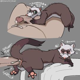 anal anal_sex asmallotter balls bed_sheet bedding blush blush_lines bodily_fluids brown_body brown_fur closed_eyes cum cum_inside domestic_ferret duo erection eyewear feet feral feral_penetrated fur genital_fluids genitals glasses grabbing_bedding green_eyes human humanoid_genitalia humanoid_penis kissing leaking_precum looking_at_viewer male male/male mammal mustelid musteline on_another pawpads paws penetration penis penis_grab penis_kissing precum quadruped sequence signature simple_background size_difference smaller_penetrated spread_toes tail toes true_musteline uncensored weasel zoophilia